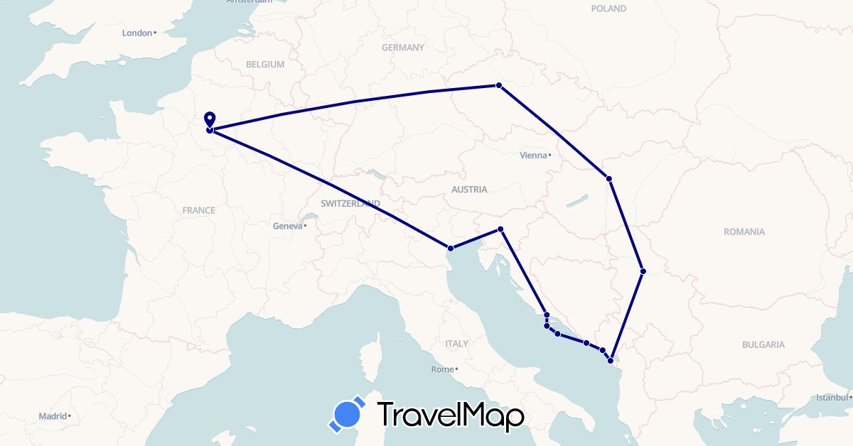 TravelMap itinerary: driving in Czech Republic, France, Croatia, Hungary, Italy, Montenegro, Serbia, Slovenia (Europe)